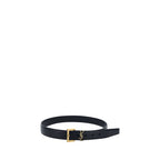 Saint Laurent black calf leather Bos Taurus regular belt with silver buckle, showcasing smooth leather and classic design.