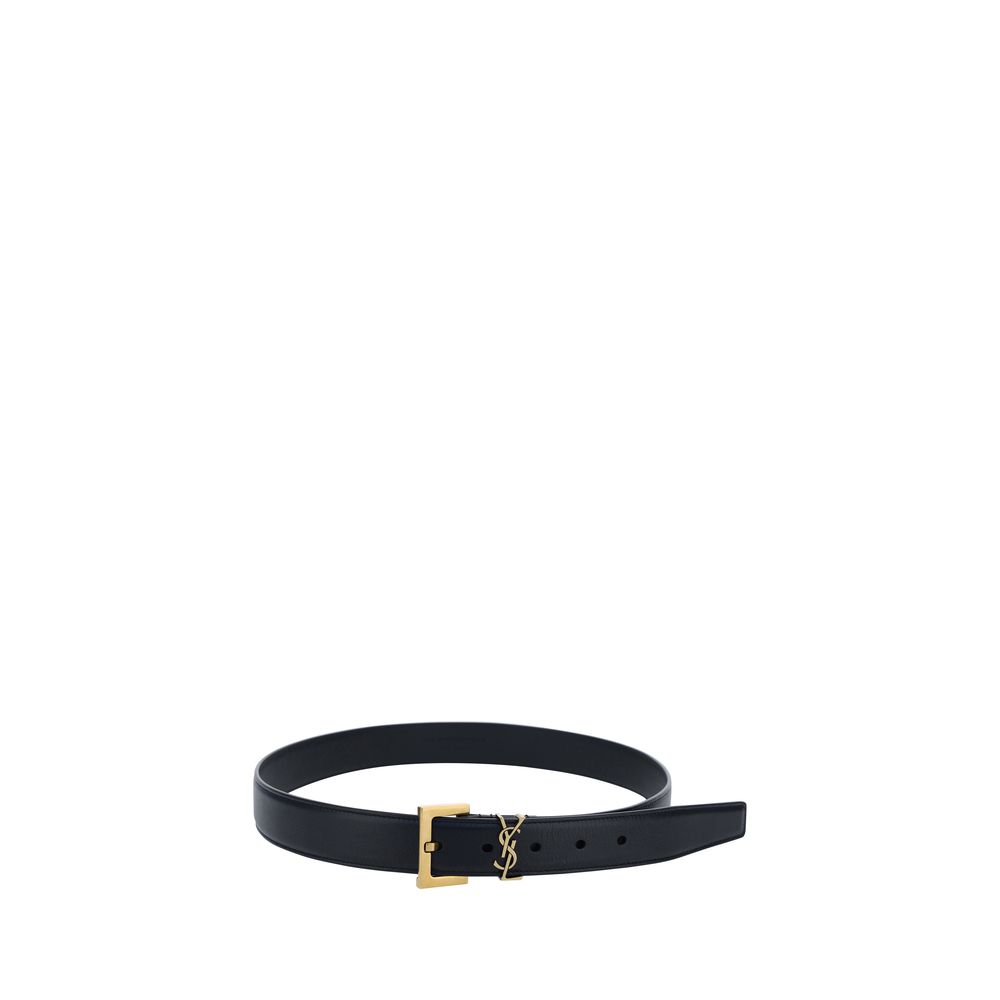 Saint Laurent black calf leather Bos Taurus regular belt with silver buckle, showcasing smooth leather and classic design.