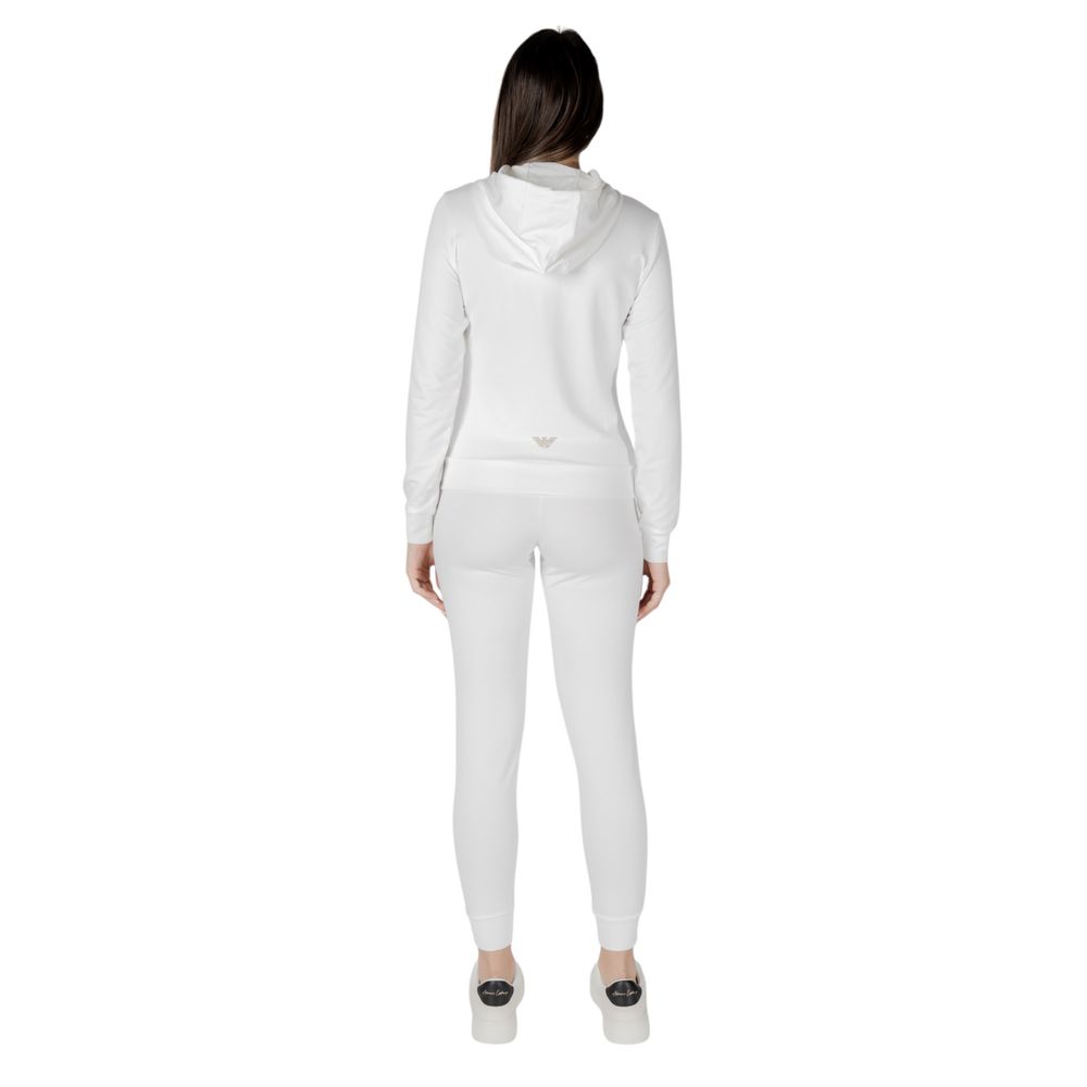 EA7 Emporio Armani cream polyester tracksuit laid flat, showing the full front with logo details and soft fabric texture.