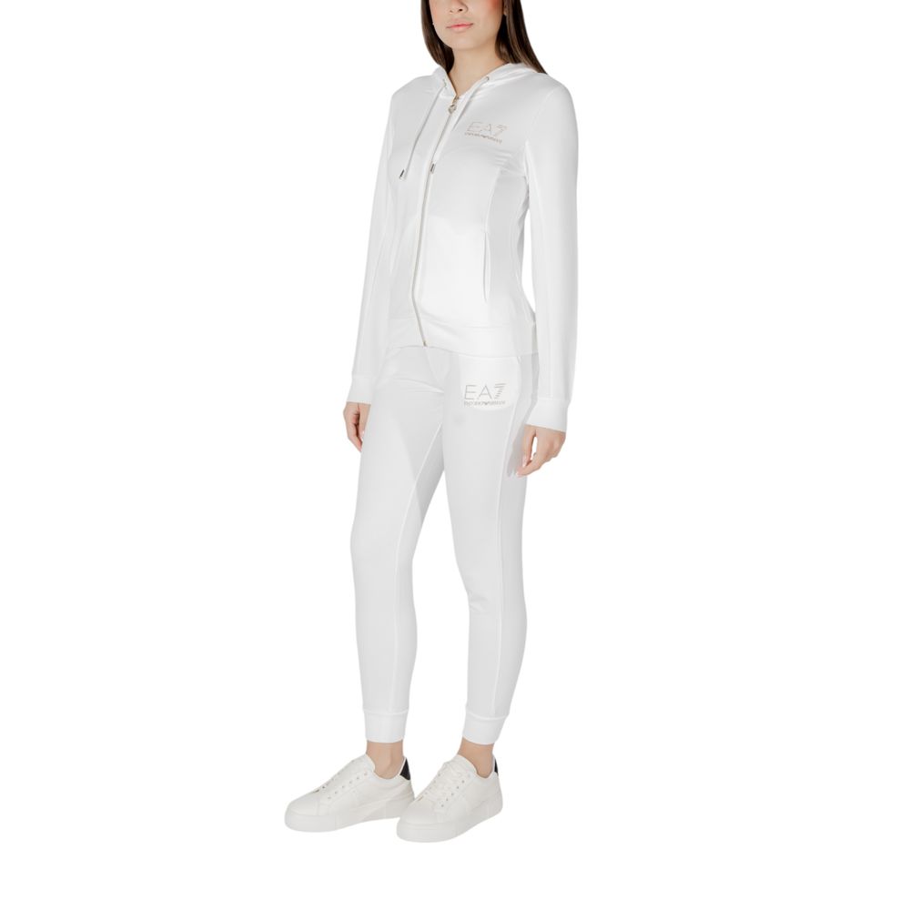 EA7 Emporio Armani cream polyester tracksuit laid flat showing jacket and pants with brand logo details.