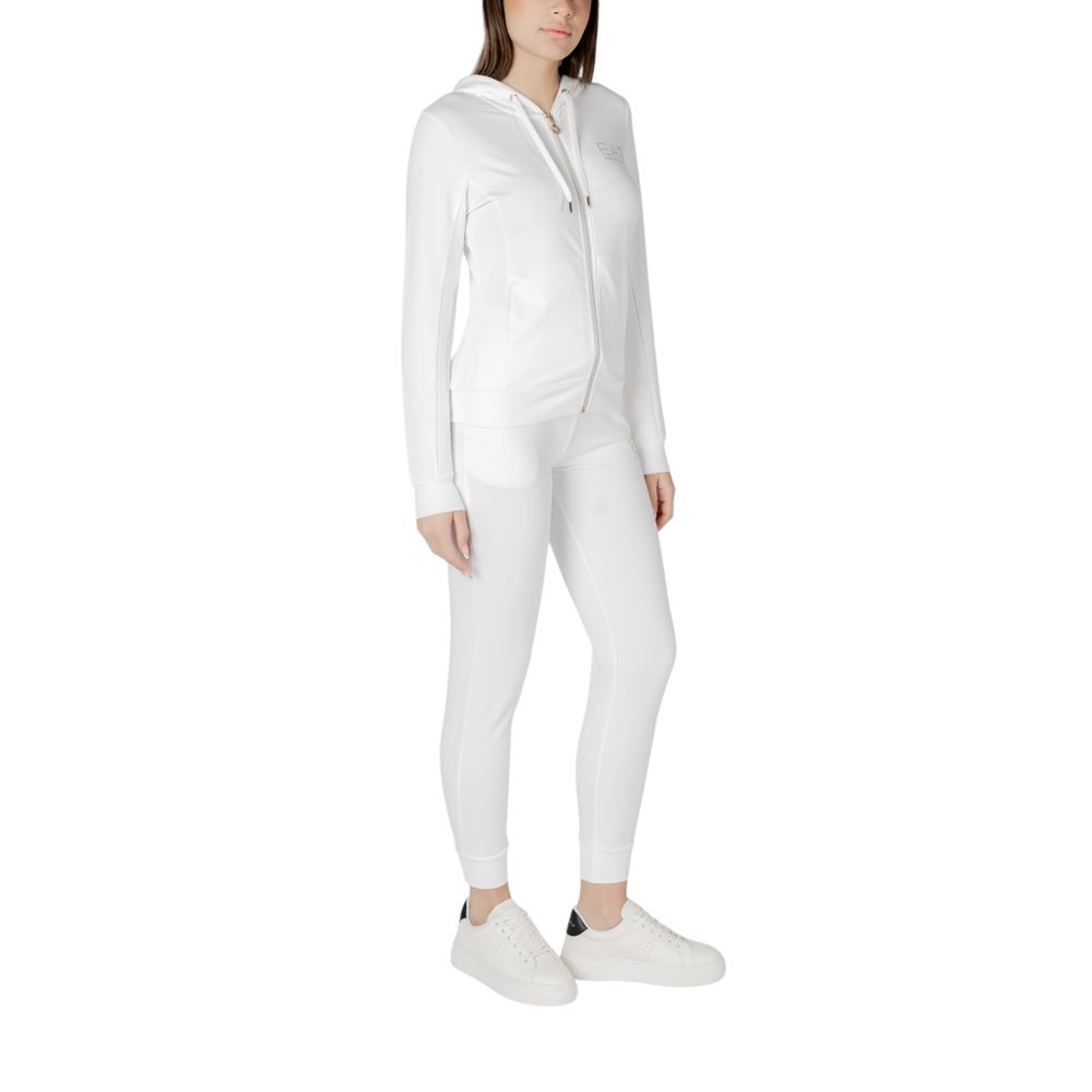 EA7 Emporio Armani cream polyester tracksuit laid flat, showing jacket and matching pants with subtle branding and sporty design.
