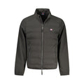 Norway 1963 black polyester men's jacket displayed on a hanger with a front view showing collar and zipper details.