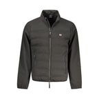 Norway 1963 black polyester men's jacket displayed on a hanger with a front view showing collar and zipper details.