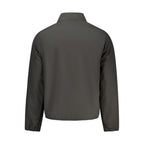 Norway 1963 black polyester men's jacket with a stand collar and front zipper, shown on a hanger.