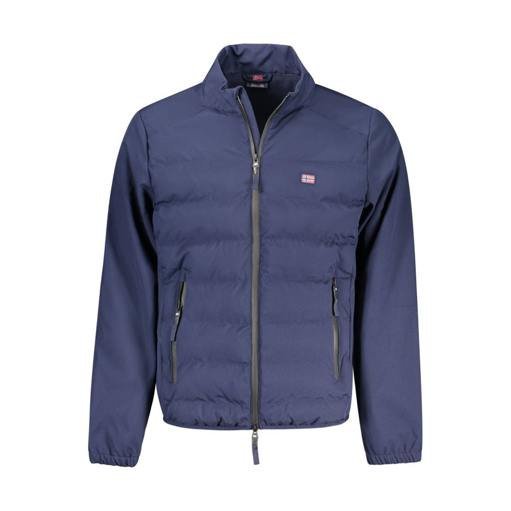 Norway 1963 blue polyester men's jacket showing front view with collar and full zipper, casual outerwear for men.