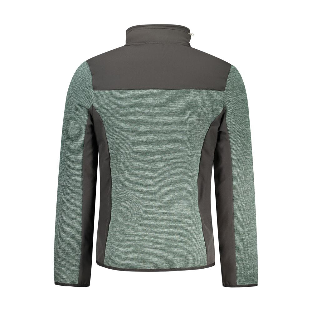 Norway 1963 Verde polyester men's jacket with a zip-up front and stand collar, displayed on a hanger.