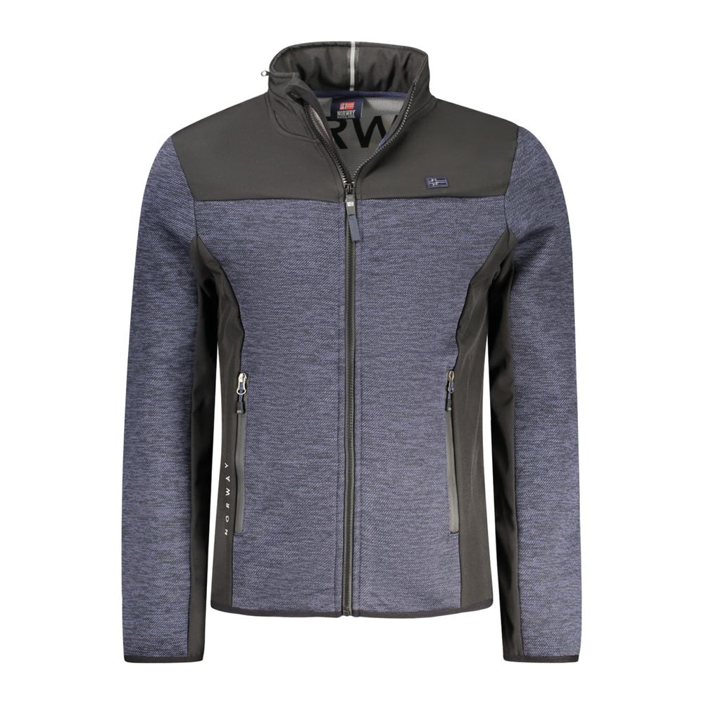 Norway 1963 men's blue polyester jacket with front zipper and collar, displayed on a hanger.