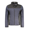 Norway 1963 men's blue polyester jacket with front zipper and collar, displayed on a hanger.