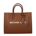 Michael Kors brown leather handbag with gold-tone hardware, featuring double handles and a structured design.