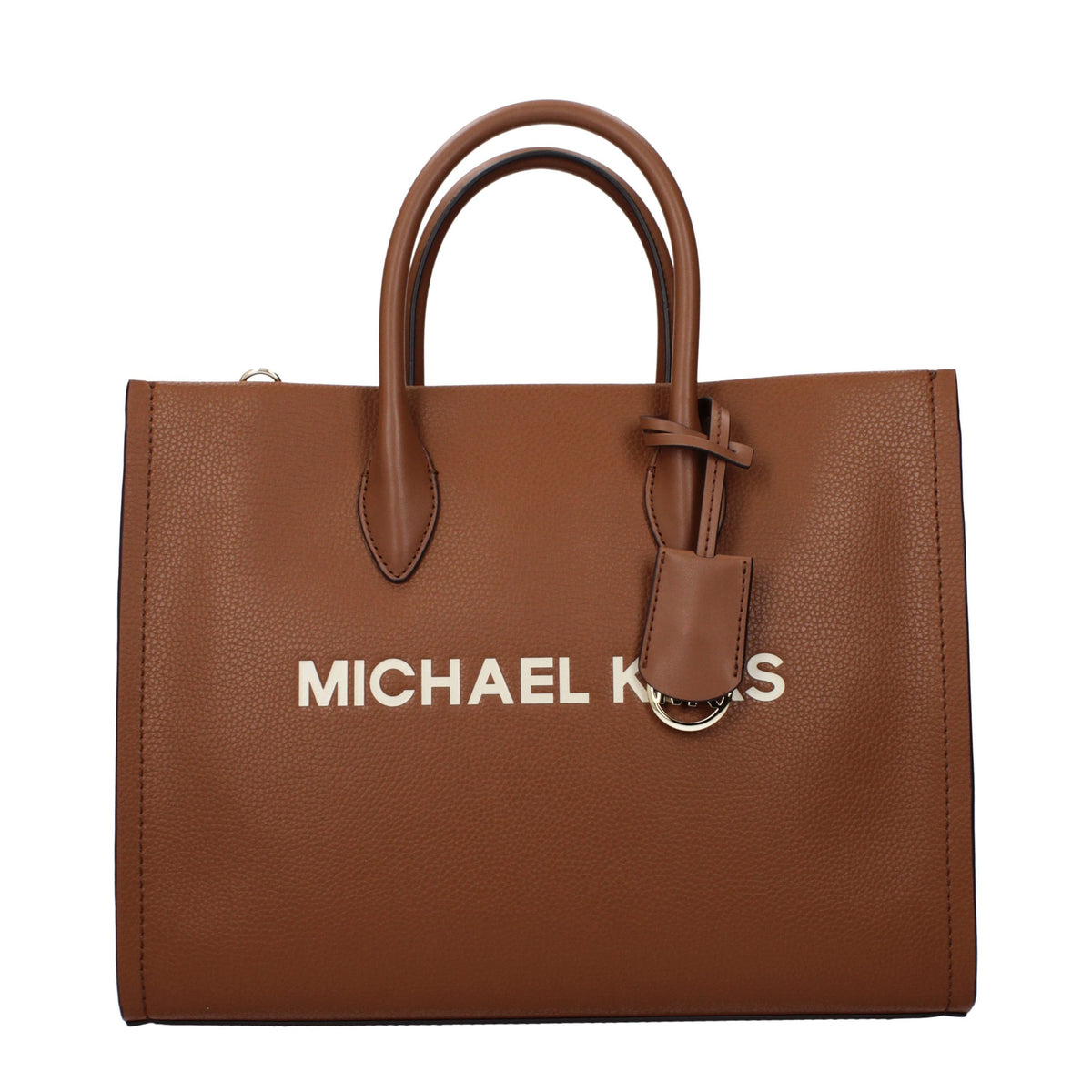 Michael Kors brown leather handbag with gold-tone hardware, featuring double handles and a structured design.
