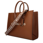Brown leather Michael Kors handbag with structured design and gold-tone hardware, featuring top handles and a sleek, stylish look.