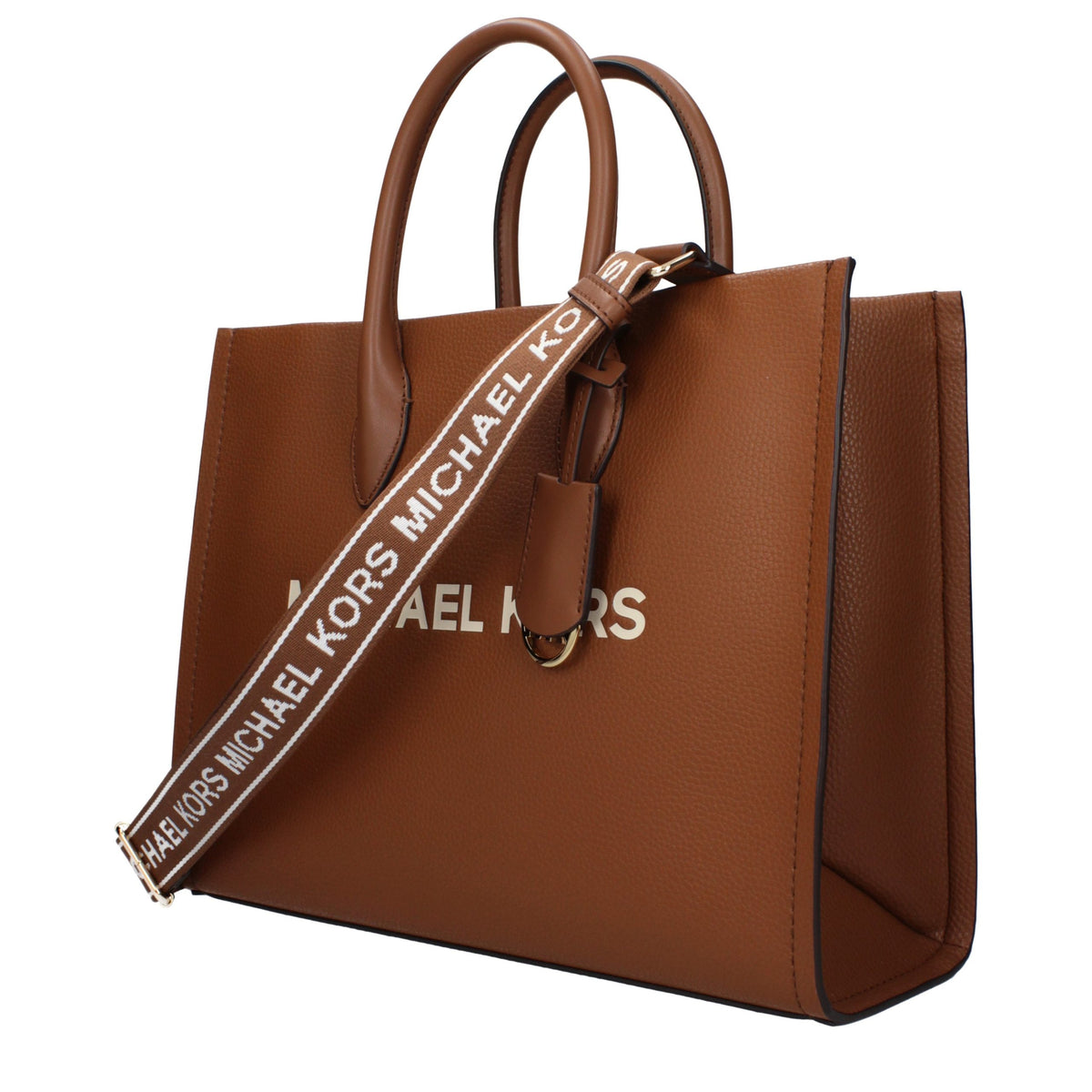 Brown leather Michael Kors handbag with structured design and gold-tone hardware, featuring top handles and a sleek, stylish look.