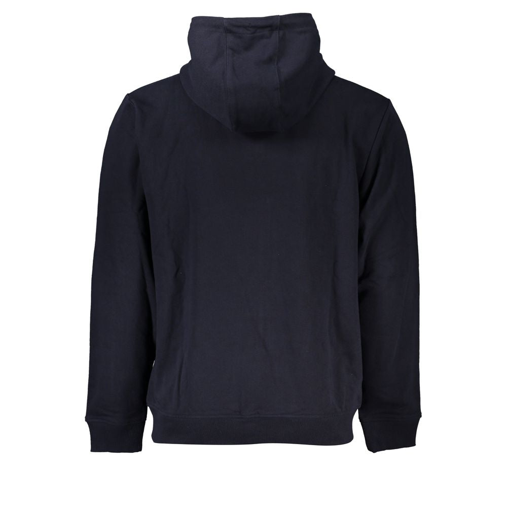 Tommy Hilfiger blue cotton men's hooded sweatshirt displayed on a hanger with a front pocket and drawstring hood.