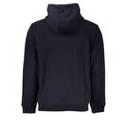 Tommy Hilfiger blue cotton men's hooded sweatshirt displayed on a hanger with a front pocket and drawstring hood.