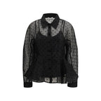 Ganni black recycled polyester patterned shirt with a relaxed fit and button-up front, displayed on a hanger.