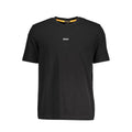 Black cotton men's T-shirt by Hugo Boss, featuring a classic fit and simple crew neckline, displayed on a plain background.