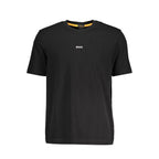 Black cotton men's T-shirt by Hugo Boss, featuring a classic fit and simple crew neckline, displayed on a plain background.