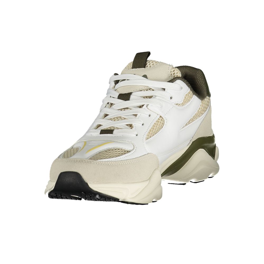 White polyester Fila men's sneaker with a sleek design, featuring a cushioned sole and sporty style.