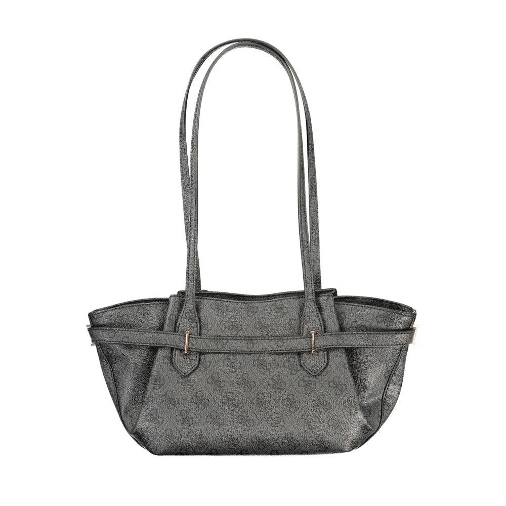 Black Guess Jeans polyurethane women's handbag with sleek design and silver hardware, featuring a top handle and zipper closure.