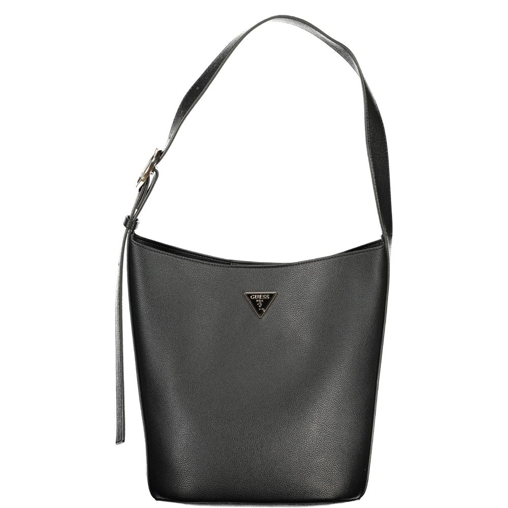 Black Guess Jeans polyurethane women's handbag with sleek design and top handle, featuring subtle branding details.