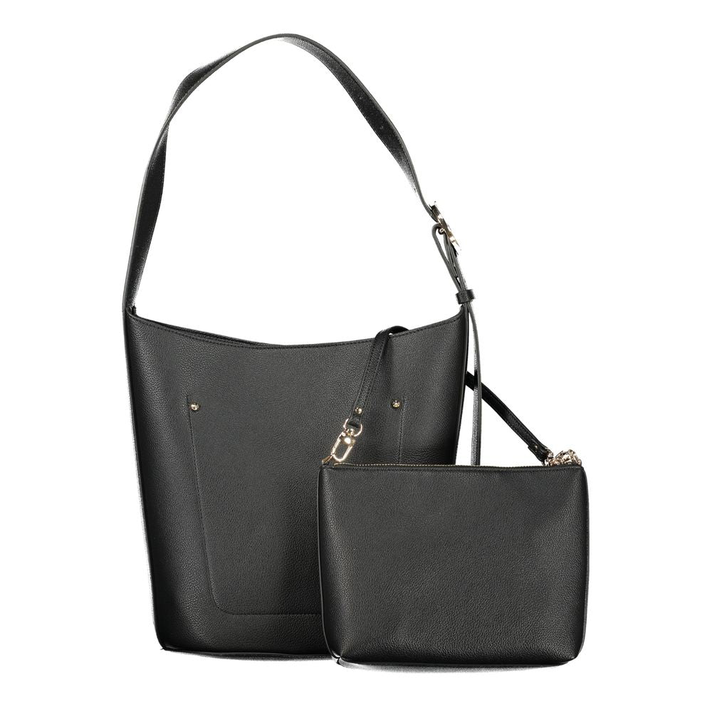 Black Guess Jeans polyurethane women's handbag with sleek design and gold-tone hardware, featuring a top handle and spacious interior.