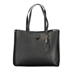 Black Guess Jeans women's handbag made of polyurethane, stylish and spacious with a sleek design and silver-tone hardware.