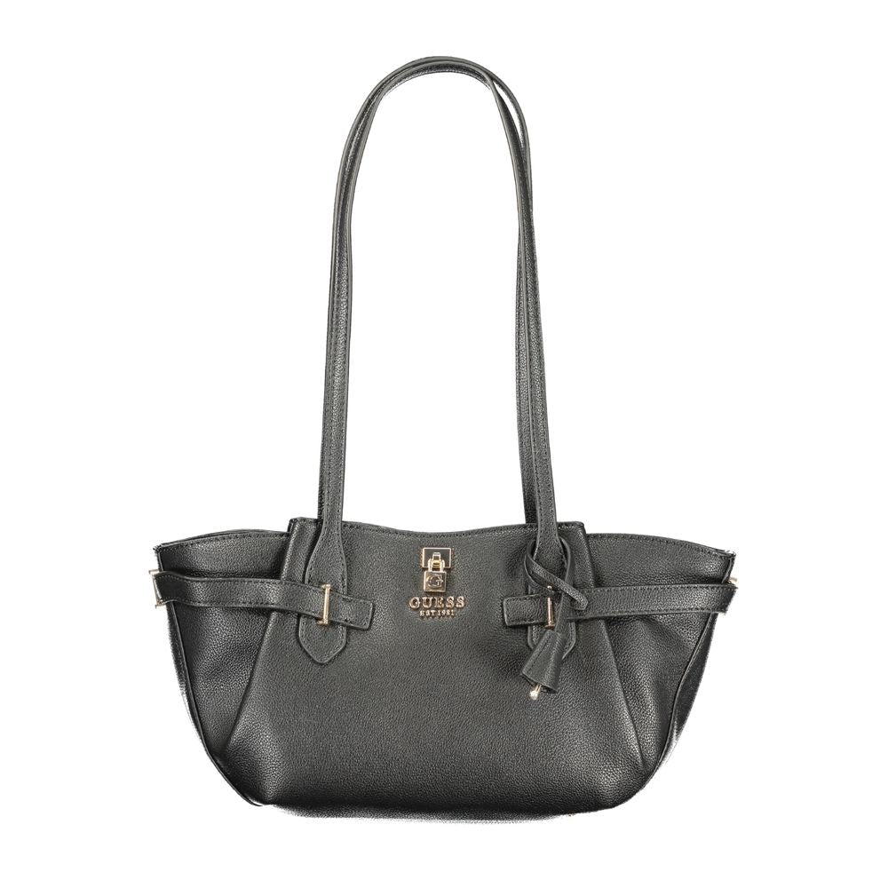 Black Guess Jeans polyurethane women's handbag with sleek design and top handles, featuring the brand logo and stylish finish.