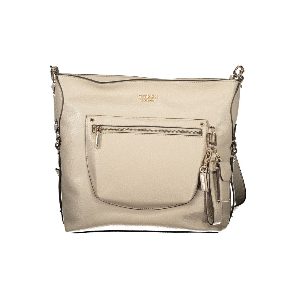 Beige Guess Jeans women's polyurethane handbag with gold accents, stylish and spacious for everyday use.