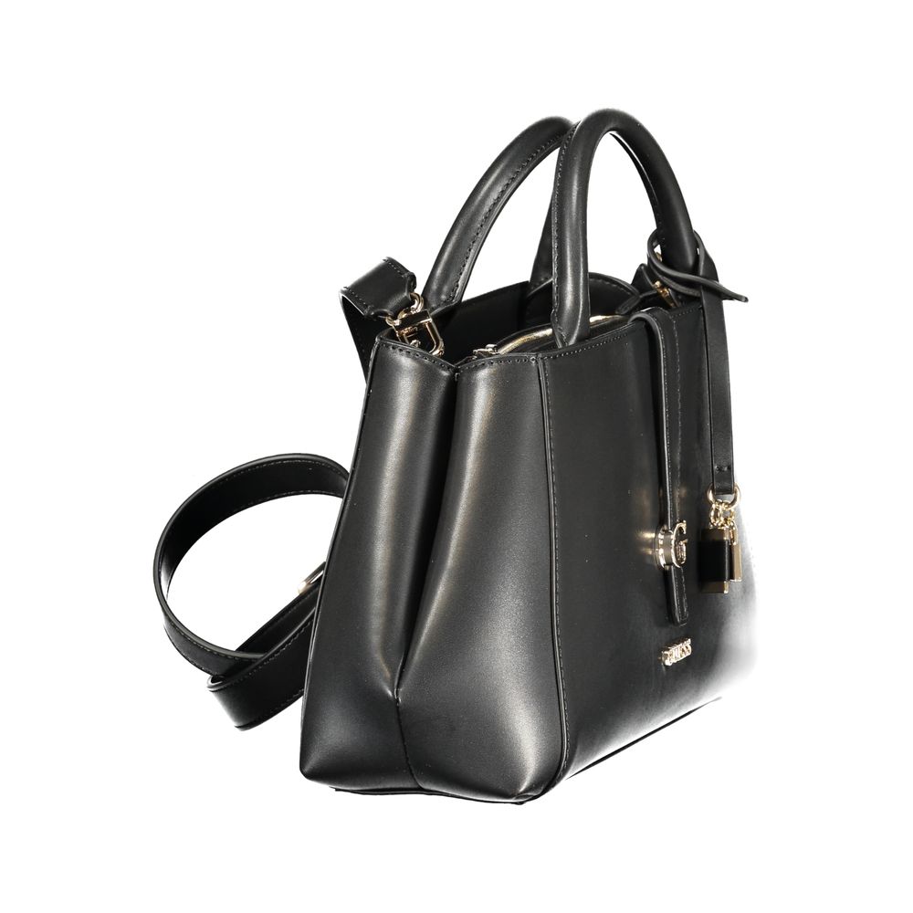 Black Guess Jeans polyurethane women’s handbag with sleek design and silver hardware, featuring a top handle and adjustable strap.
