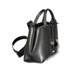 Black Guess Jeans polyurethane women’s handbag with sleek design and silver hardware, featuring a top handle and adjustable strap.