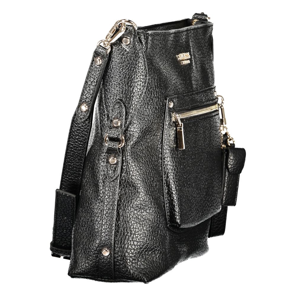 Black Guess Jeans polyurethane women's handbag with sleek design and top handles, perfect for casual or chic outfits.