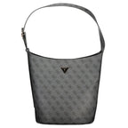 Black Guess Jeans polyurethane women’s handbag with sleek design and silver hardware, featuring a top handle and adjustable strap.