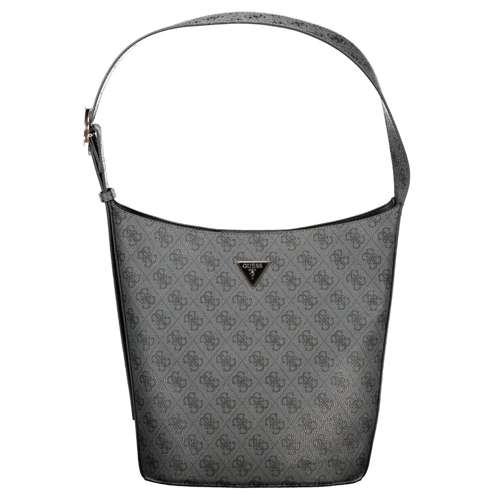 Black Guess Jeans polyurethane women’s handbag with sleek design and silver hardware, featuring a top handle and adjustable strap.