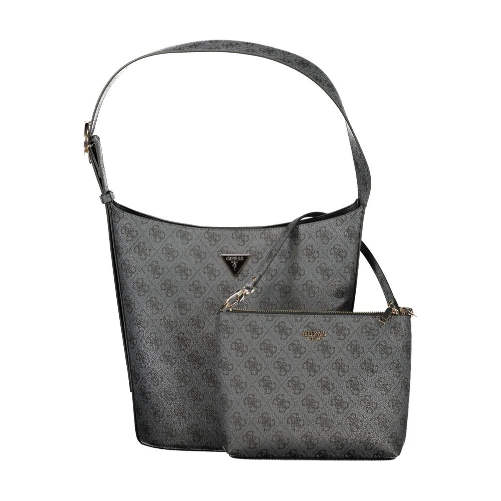 Black Guess Jeans polyurethane women's handbag with sleek design and gold-tone hardware, featuring a top handle and zip closure.