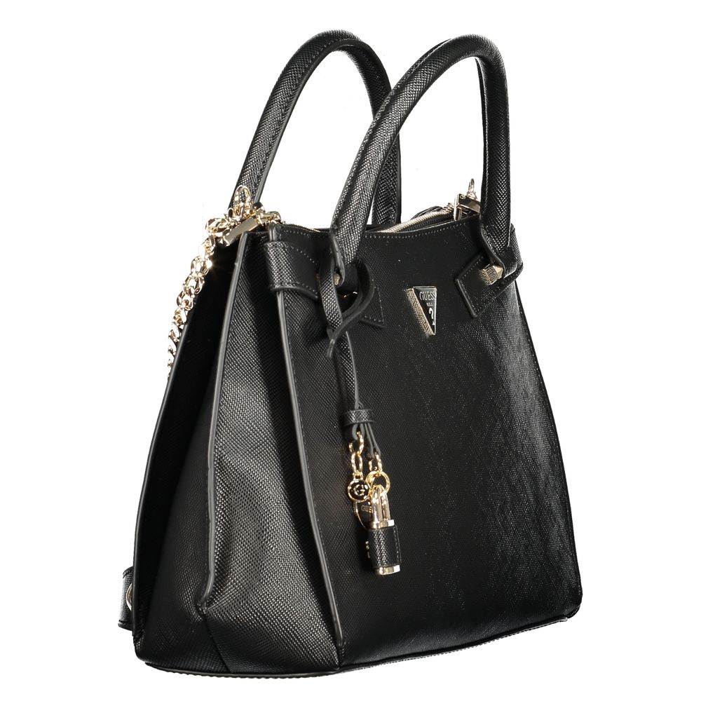 Black Guess Jeans polyurethane handbag for women with stylish design and top handle, featuring sleek, modern details.