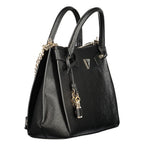 Black Guess Jeans polyurethane handbag for women with stylish design and top handle, featuring sleek, modern details.