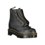 Black leather Dr. Martens unisex ankle boot with classic chunky sole and yellow stitching, featuring lace-up design and pull tabs.