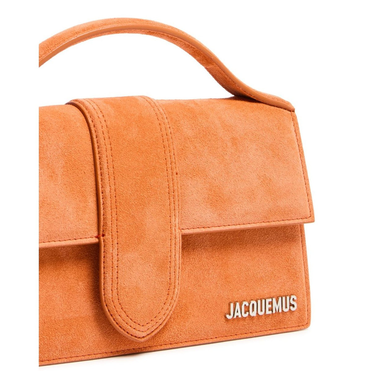 Jacquemus Terracotta Leather Le Grand Bambino Handbag with top handle and minimalist design on a neutral background