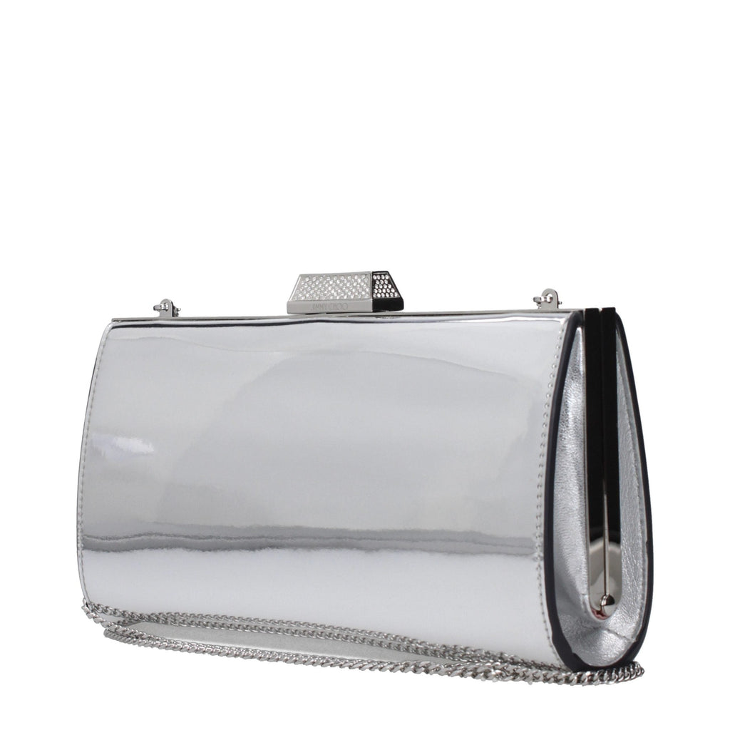 Jimmy Choo gray leather clutch bag with sleek design and subtle stitching, perfect for elegant evening wear.