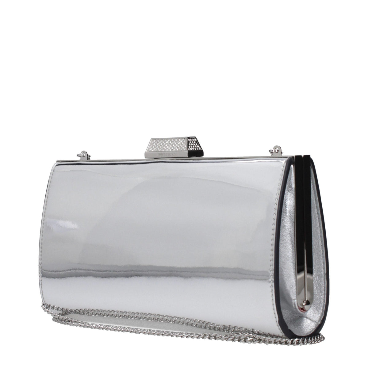 Jimmy Choo gray leather clutch bag with sleek design and subtle stitching, perfect for elegant evening wear.