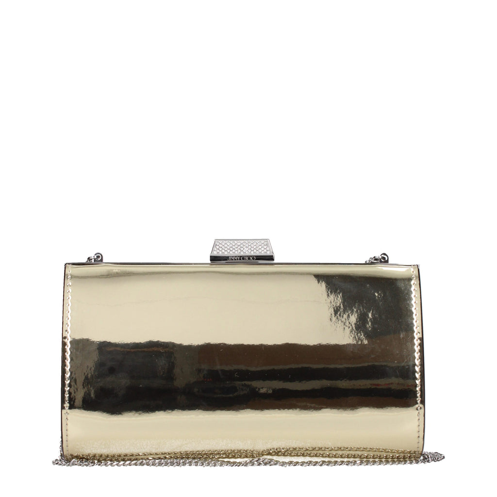 Jimmy Choo gold leather clutch bag with sleek design and subtle branding, perfect for evening or special occasions.