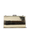 Jimmy Choo gold leather clutch bag with sleek design and subtle branding, perfect for evening or special occasions.