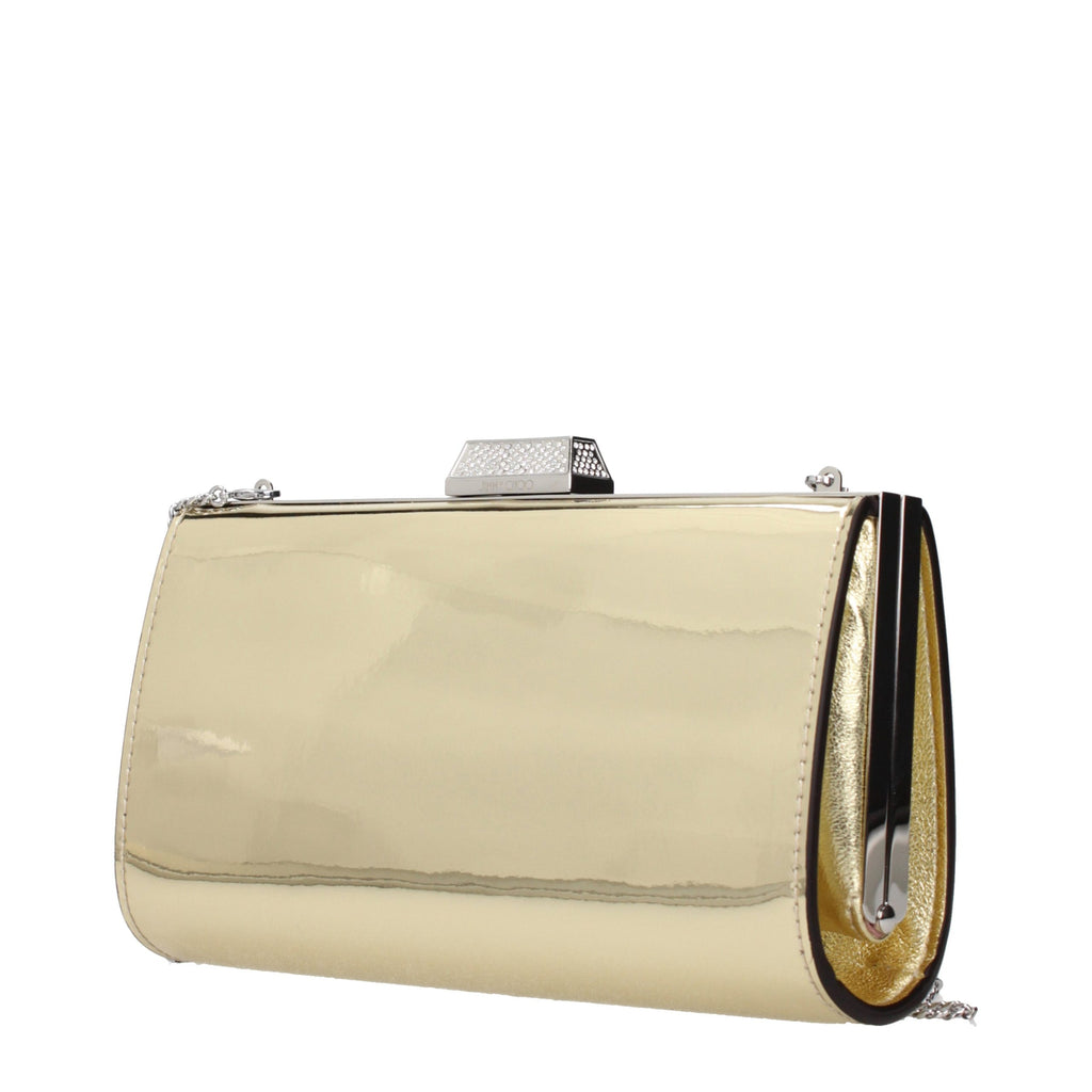 Jimmy Choo gold leather clutch bag with sleek design and elegant finish, perfect for evening and formal occasions.