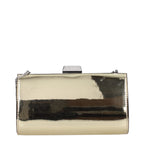 Jimmy Choo gold leather clutch bag with sleek design and elegant finish, perfect for evening occasions.