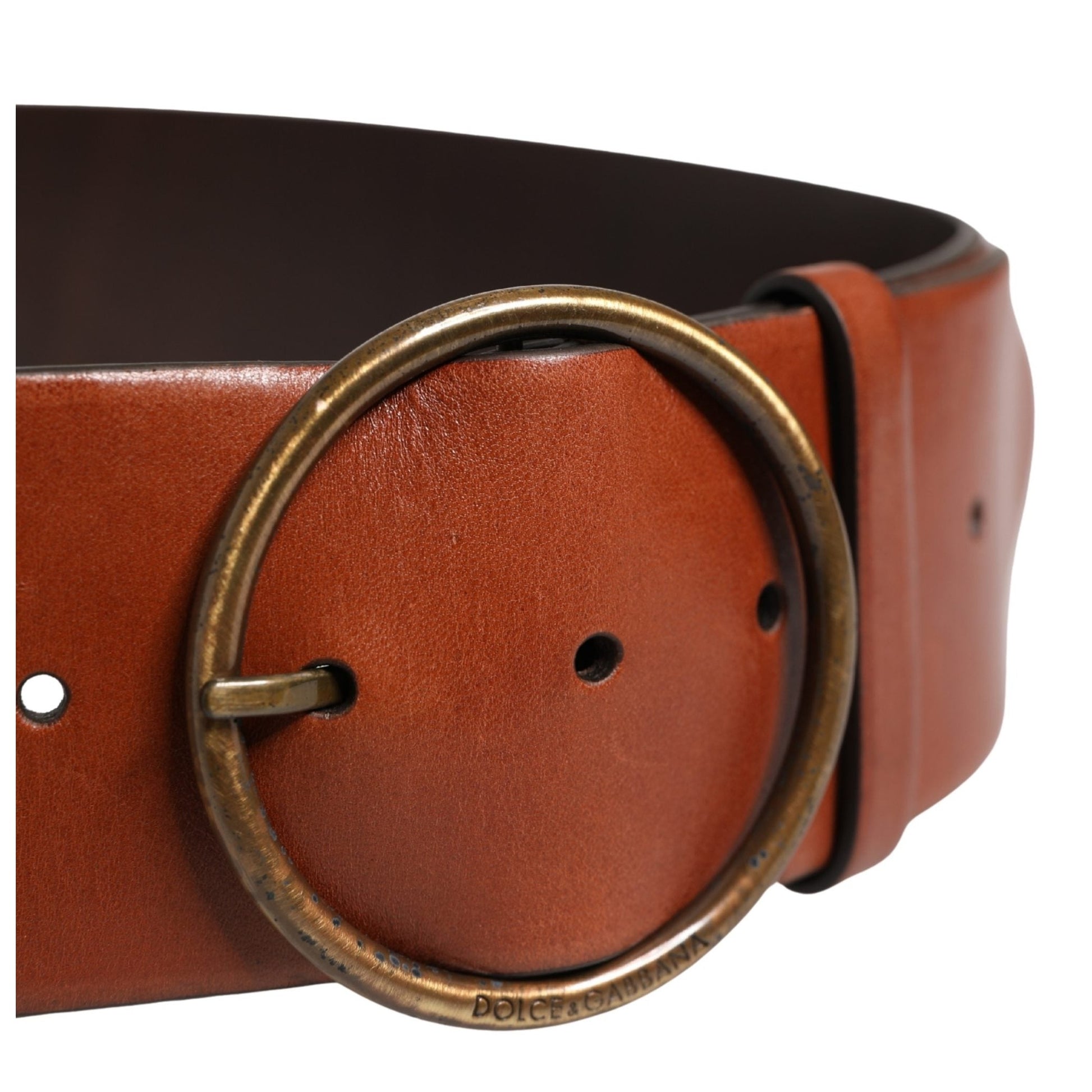 Dolce & Gabbana Men Brown Leather Wide Waist Metal Round Buckle Belt