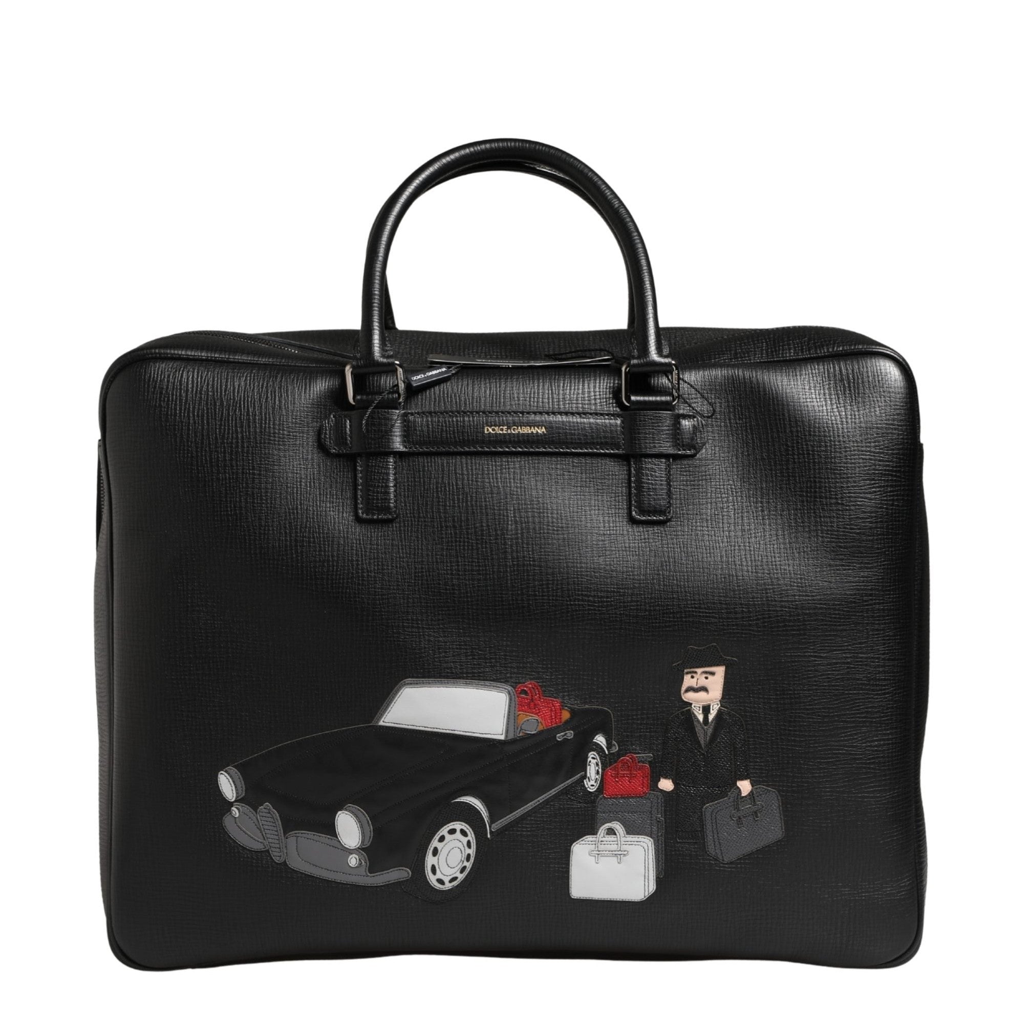 Dolce & Gabbana Black Car Man Applique Leather Weekender Borse Bag