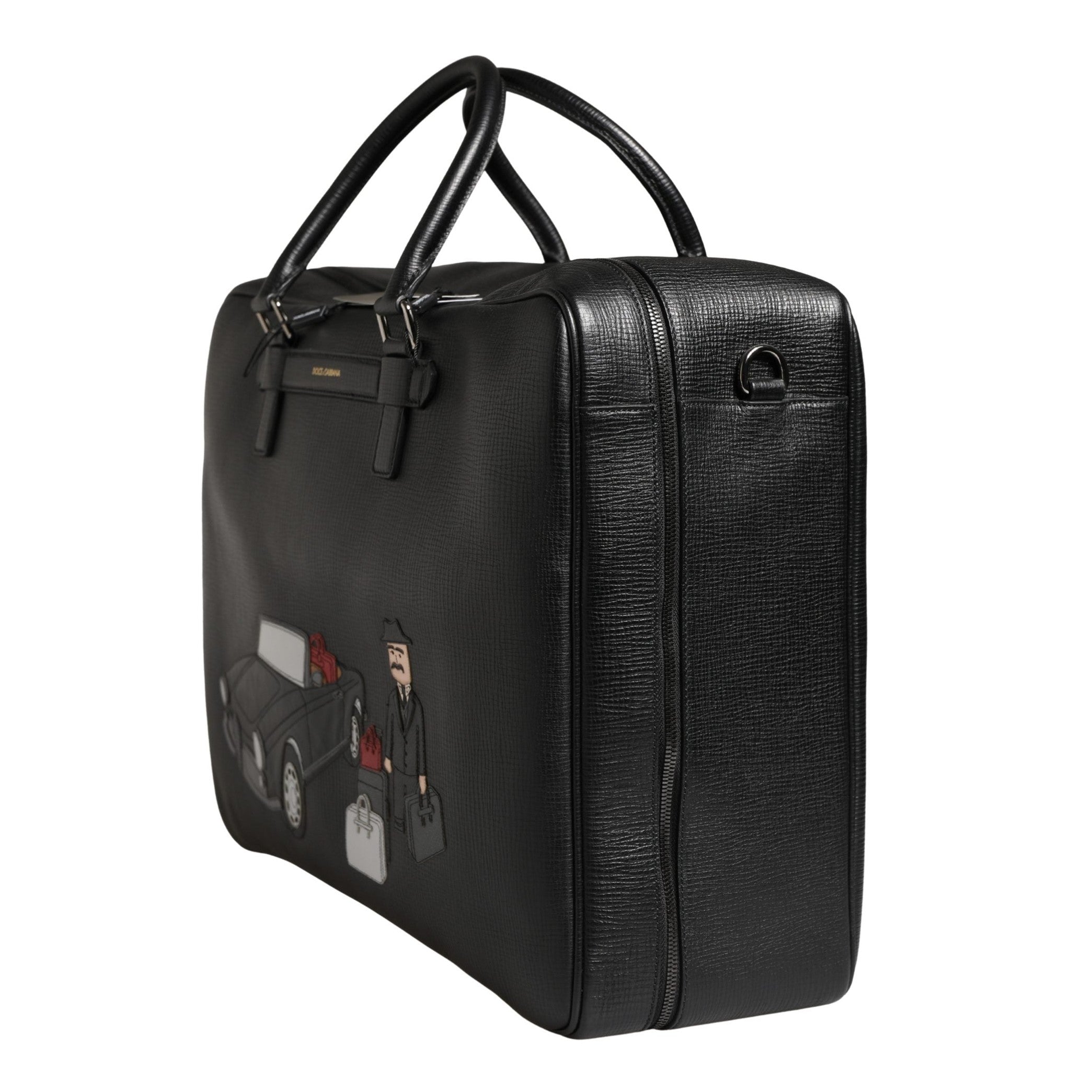 Dolce & Gabbana Black Car Man Applique Leather Weekender Borse Bag