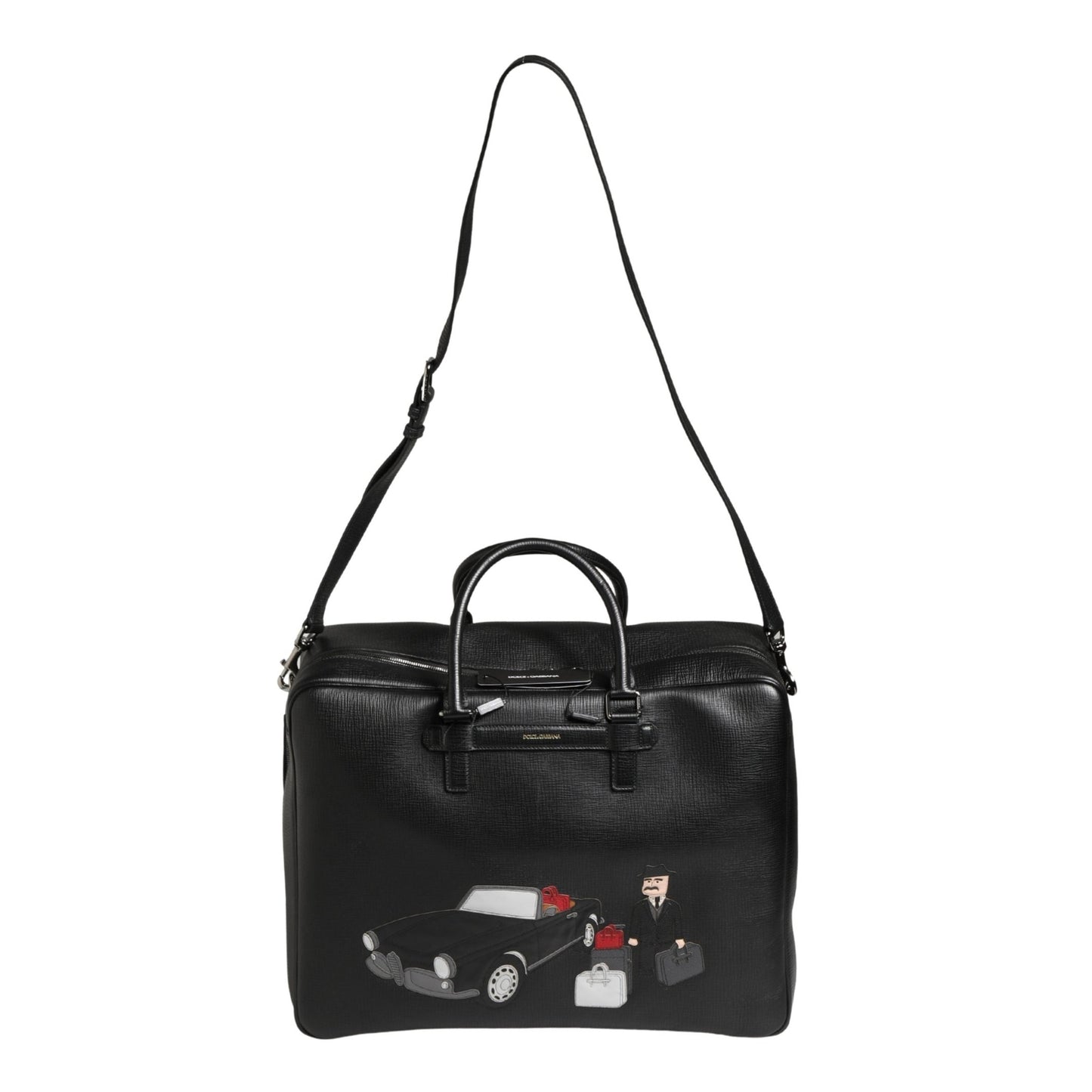 Dolce & Gabbana Black Car Man Applique Leather Weekender Borse Bag