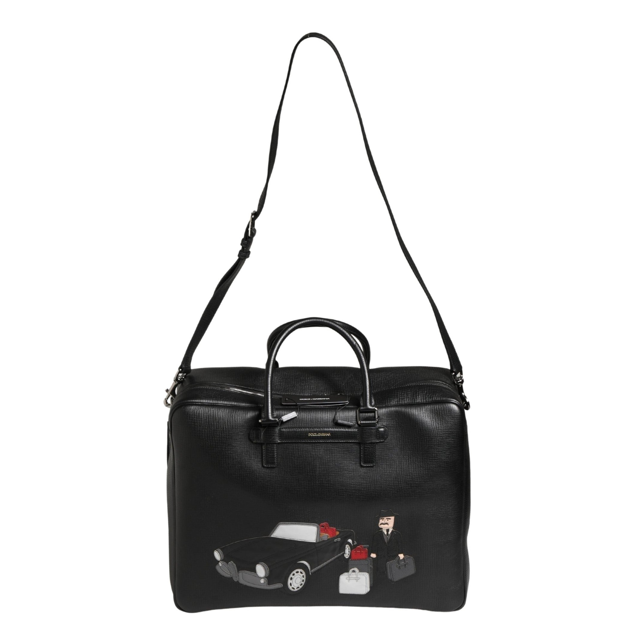 Dolce & Gabbana Black Car Man Applique Leather Weekender Borse Bag