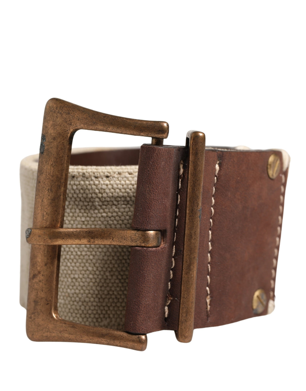 Beige and brown leather canvas belt by Ermanno Scervino with a metal buckle featuring intricate detailing.